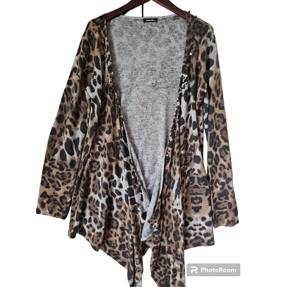 Dolce Cabo Open Front Brown Multi Sequins Animal Print Waterfall Cardigan‎ YJ01